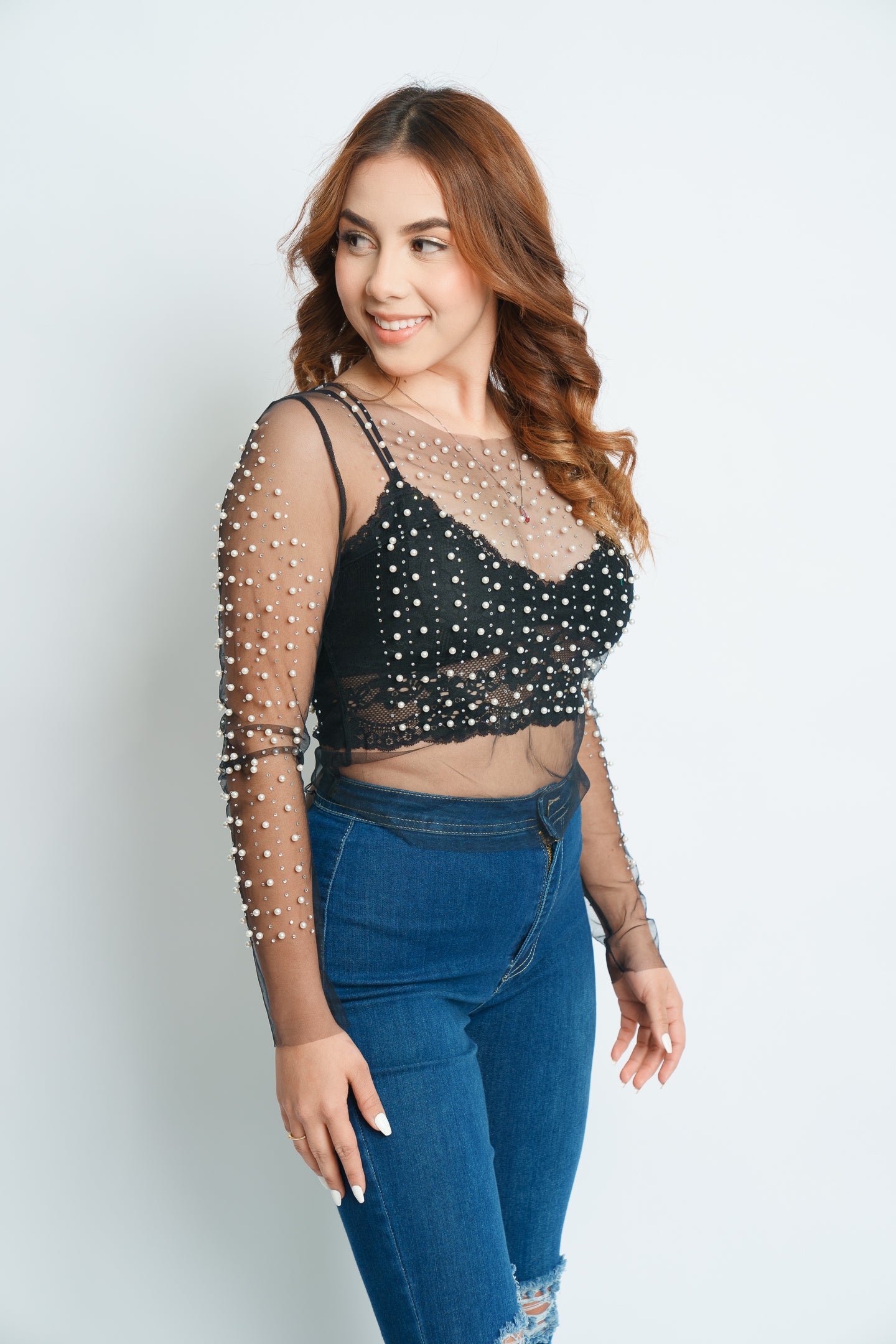 FAUX PEARLS DECOR MESH TOP