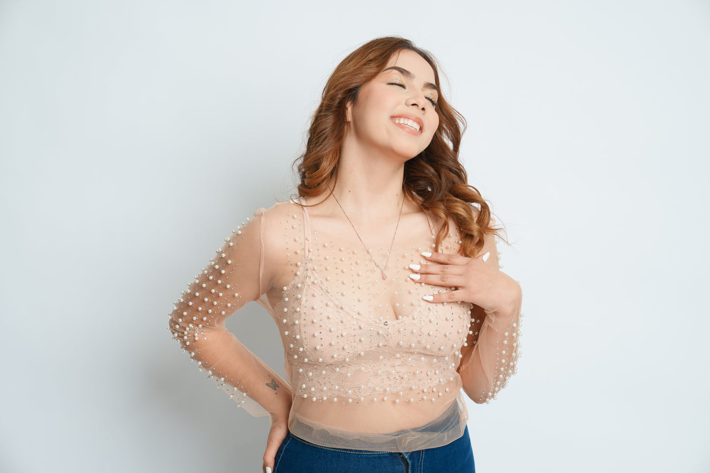 FAUX PEARLS DECOR MESH TOP