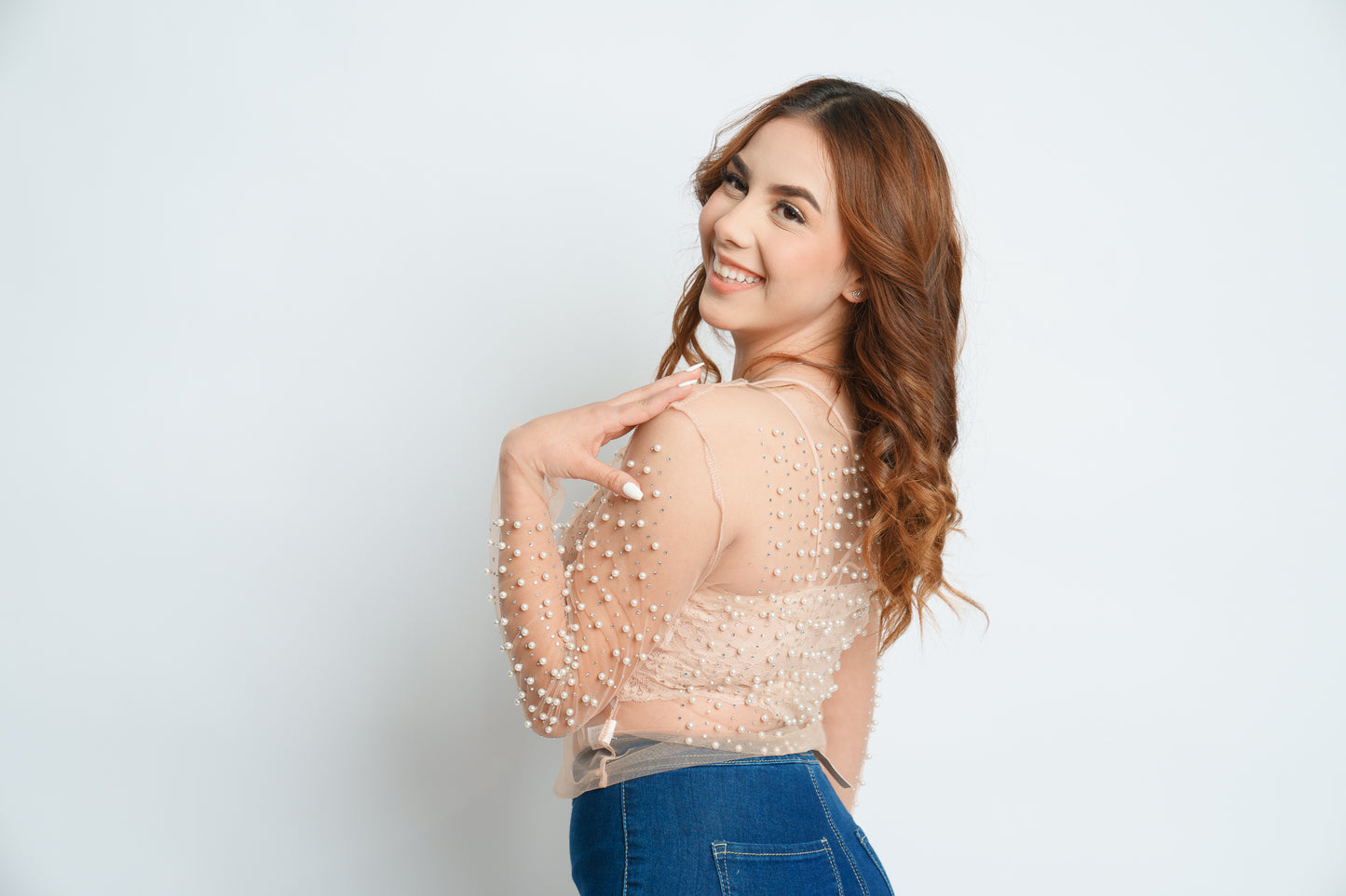 FAUX PEARLS DECOR MESH TOP