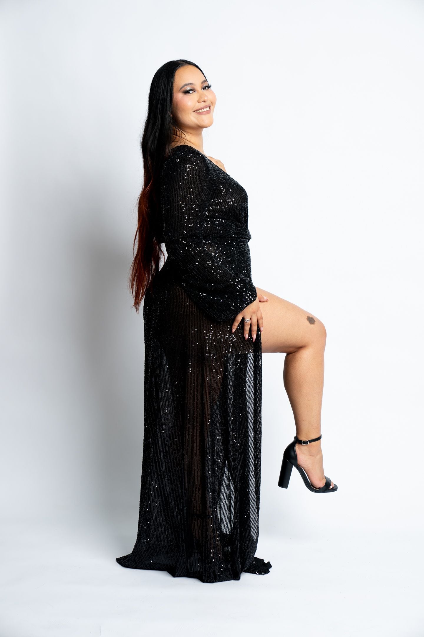 SEQUIN TWIST LONG SLEEVE GOWN DRESS