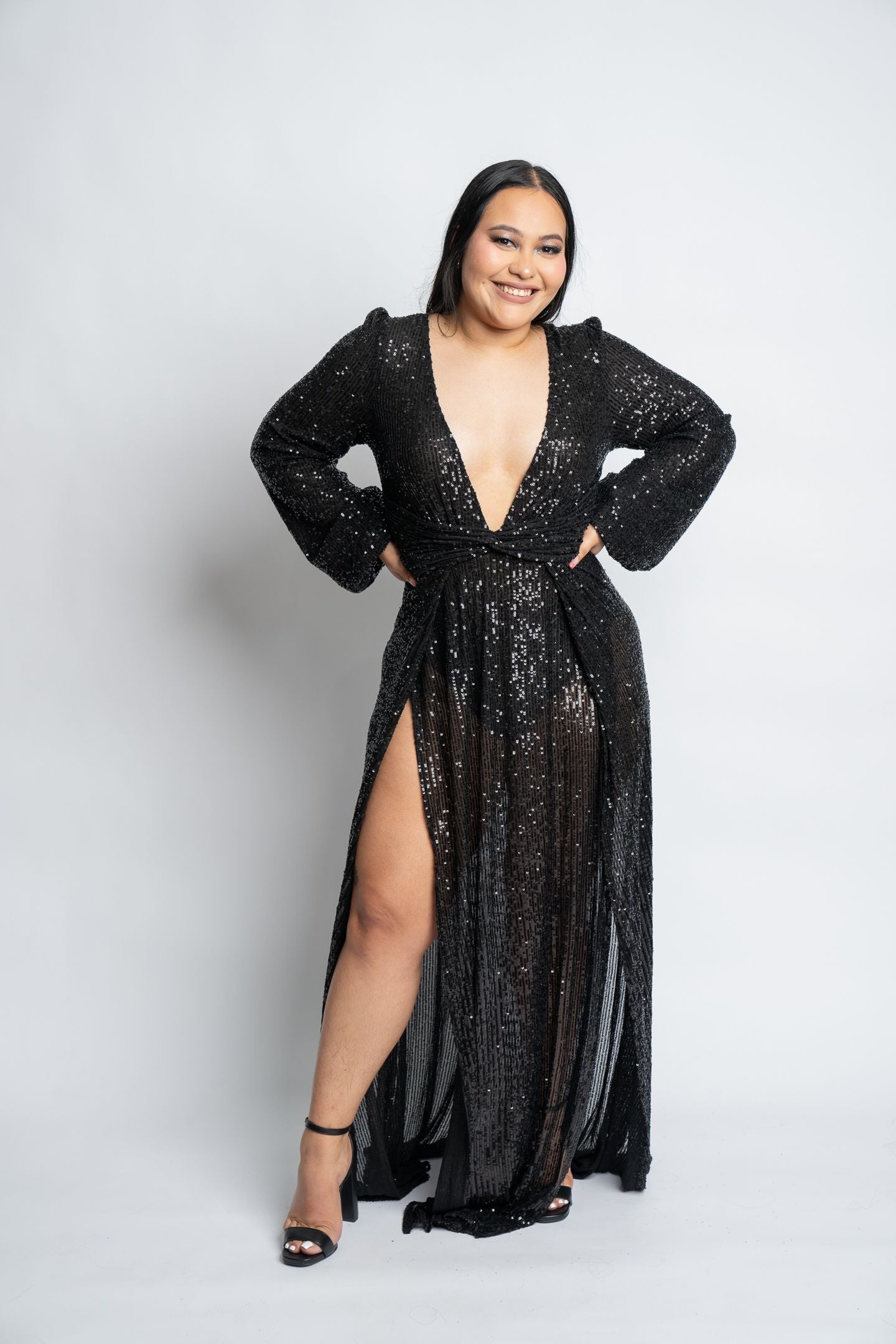 SEQUIN TWIST LONG SLEEVE GOWN DRESS
