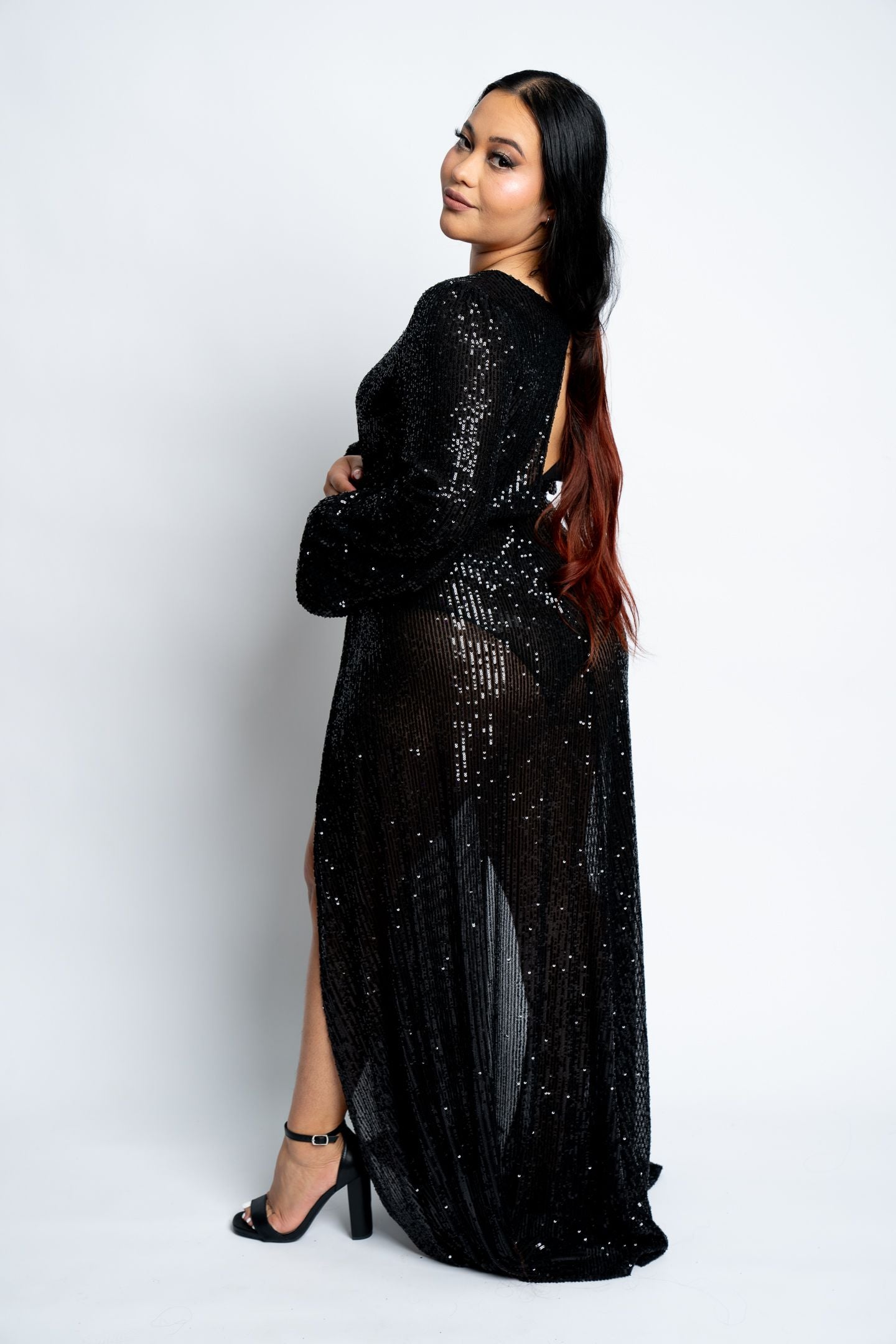 SEQUIN TWIST LONG SLEEVE GOWN DRESS