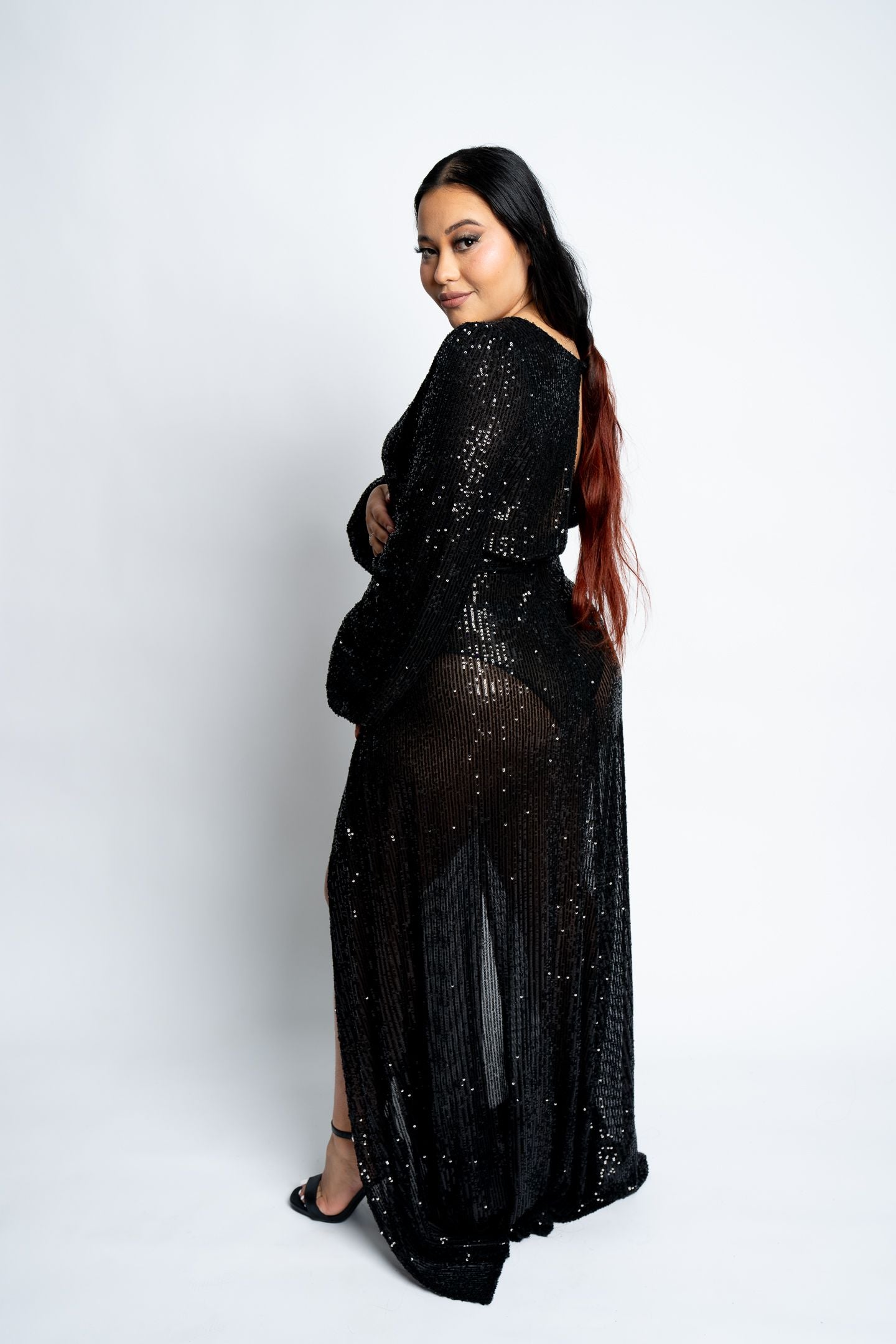 SEQUIN TWIST LONG SLEEVE GOWN DRESS