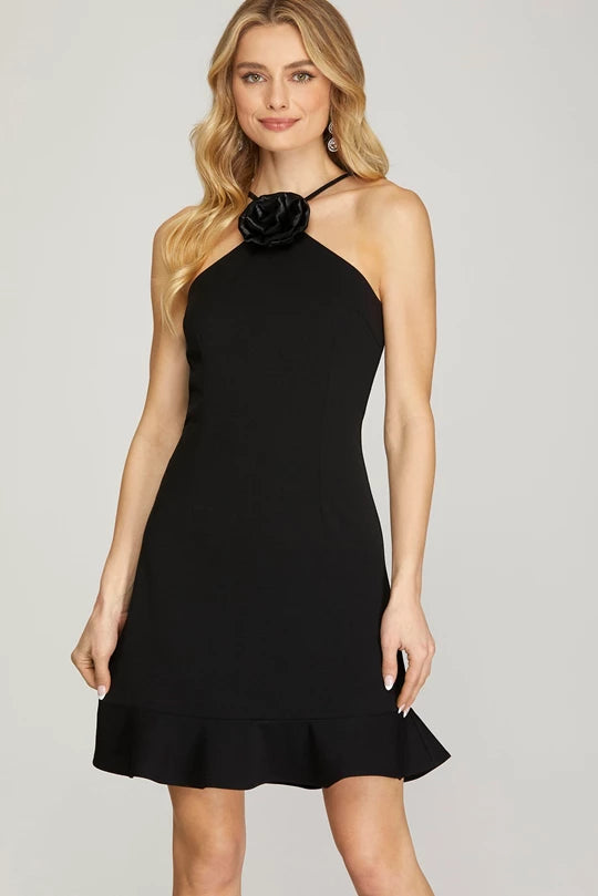 MINI DRESS WITH FRONT FLORAL DETAIL