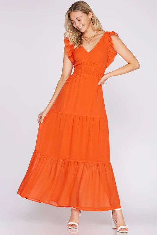 RUFFLED SLEEVE MAXI DRESS