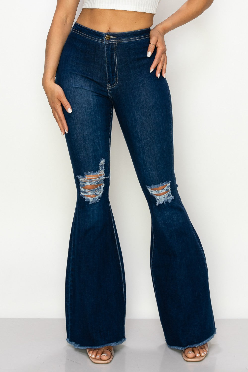 BLUE HIGH WAISTED STRECHY BELL BOTTOMS